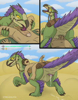 after_sex animal_genitalia beak bestiality bodily_fluids cloaca cloacal cum cum_in_cloaca cum_inside desert detailed_background duo exhausted feathers female female_feral feral gameplay_mechanics genital_fluids genitals green_body gui hair health_bar horn human_on_feral interspecies larger_feral leaking_cum licking looking_at_another looking_at_partner looking_up male male_human male_on_feral nude open_mouth oral penile penis penis_lick purple_hair saddle sex size_difference stamina_bar sweat tongue tongue_out yellow_eyes strohdelfin capcom monster_hunter bird_wyvern dinosaur human mammal prehistoric_species reptile scalie seikret hi_res