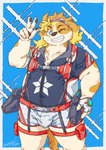 anthro blonde_hair blush bulge clothing eyewear floppy_ears goggles grin hair harness male one_eye_closed pouches smile solo swimwear wink ottyo_kope lifewonders live_a_hero hisaki_(live_a_hero) canid canine canis domestic_dog mammal hi_res