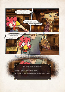 anthro beak clothed clothing dialogue group male male/male text trio yellow_beak zaryuzu_73 dabari_(zaryuzu_73) fern_(zaryuzu_73) avian bird chicken galliform giraffe giraffid mammal phasianid comic digital_media_(artwork) english_text hi_res