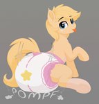 blonde_hair blue_eyes clothed clothing diaper diaper_fetish diaper_only diaper_puff eyebrow_through_hair eyebrows feral freckles fur hair hooves looking_at_viewer looking_back looking_back_at_viewer male pattern_diaper pink_diaper solo tail tan_body tan_fur topless translucent translucent_hair underhoof wearing_diaper white_diaper yellow_tail nineplusten hasbro my_little_pony chaff_(nineplusten) fan_character earth_pony equid equine horse mammal pony hi_res