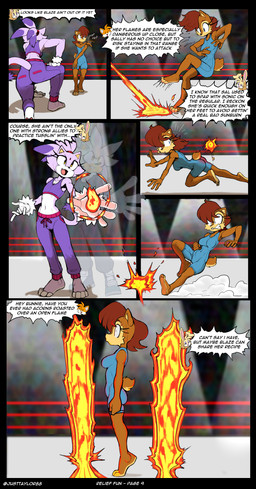 4_toes accessory anthro barefoot barely_visible_pawpads bottomwear clothing countershade_feet countershading crop_top dialogue duo elemental_manipulation feet female fight fighting_ring fire fire_manipulation forehead_gem gem gloves hair_accessory hairband handwear kneeling leotard male pants pawpads paws pink_pawpads plantigrade shirt soles speech_bubble sweatpants text toes topwear himitsu justtaylor sega sonic_the_hedgehog_(series) blaze_the_cat bunnie_rabbot miles_prower sally_acorn silver_the_hedgehog chipmunk domestic_cat eulipotyphlan felid feline felis ground_squirrel hedgehog mammal rodent sciurid absurd_res comic english_text hi_res