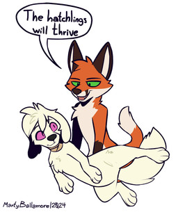 ambiguous_gender anthro black_nose chest_tuft duo featureless_crotch feral fur green_eyes mouth_closed narrowed_eyes open_mouth open_smile orange_body orange_fur pink_eyes red_tongue semi-anthro simple_background smile speech_bubble text tongue tuft white_background white_body white_fur martinballamore martin_ballamore canid canine fox mammal 2024 absurd_res dated english_text hi_res signature
