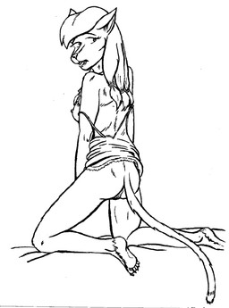 anthro breasts clothing dipstick_tail female fur genitals hair looking_back markings nipples open_mouth shaved_breasts solo tail tail_markings thin_tail undressing vulva style_wager dela_the_hooda nylaena domestic_cat felid feline felis mammal 2000 black_and_white line_art monochrome