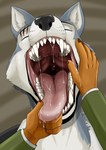 absurd_res anthro beastars bodily_fluids canid canine canis cervine deer duo fangs hand_on_tongue hi_res imperatorcaesar legoshi_(beastars) louis_(beastars) male mammal mouth_play mouth_shot open_mouth red_deer saliva saliva_on_hand saliva_on_tongue scar solo_focus teeth tongue uvula wolf
