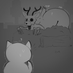 ambiguous_gender anthro antlers bent_over big_butt bodily_fluids butt butt_jiggle duo forest fur grey_background horn huge_butt jiggling log looking_at_another male nude open_mouth outside plant question_mark scared scut_tail shaking short_tail shrub simple_background sweat tail thick_thighs three-quarter_view tree trembling wood epic_derzito 99_nights_in_the_forest roblox deer_(99_nights_in_the_forest) deer domestic_cat felid feline felis mammal monster 1:1 2025 digital_media_(artwork) hi_res monochrome