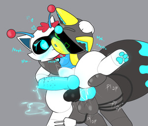 abdominal_bulge anal anal_penetration animal_genitalia animal_penis antennae_(anatomy) anthro armor balls big_penis big_tail blue_penis bodily_fluids bow_ribbon breastplate canine_genitalia canine_penis cum cybernetics duo from_behind_position genital_fluids genitals glowing glowing_cum glowing_genitalia glowing_penis grey_body hand_on_chest hand_on_head heart_symbol holding_leg kiss_on_lips kissing kissing_while_penetrating knot knotted_penis looking_at_another looking_at_partner looking_pleasured lying machine male male/male moan multicolored_body one_eye_closed pawpads paws penetration penile penile_penetration penile_spines penis penis_in_ass plug raised_leg screen screen_eyes screen_face sex sheath simple_background spiked_penis spikes spikes_(anatomy) spoon_position spooning tail unusual_bodily_fluids unusual_cum unusual_genital_fluids white_body wire hikiwi k-tee_(hikiwi) canid canine canis cyborg domestic_cat domestic_dog felid feline felis mammal robot colored digital_media_(artwork) hi_res