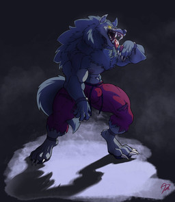 4_toes 5_fingers abs anthro black_background blue_body blue_fur bottomwear bulge chest_tuft claws clothing feet fingers fur genital_markings genitals looking_at_viewer male markings muscular nipples open_mouth pants paws penis penis_markings simple_background solo toes tongue tongue_out tuft yellow_sclera albawuff mythology enigma_(daltenigma) canid canine mammal mythological_canine mythological_creature werecanid werecanine werecreature werewolf 2026 hi_res