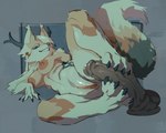 anthro areola black_dildo blue_eyes breasts brown_nose cheek_tuft claws digitigrade dildo ear_piercing ear_tuft facial_tuft female fluffy fluffy_ears fluffy_tail fur genitals glistening glistening_genitalia hair horn humanoid_dildo humanoid_genitalia humanoid_pussy looking_at_viewer lying multicolored_body multicolored_fur nipples nude nude_anthro nude_female on_side piercing pussy sex_toy smile solo tail tuft veiny_dildo white_hair akima1232 canid canine fox mammal hi_res