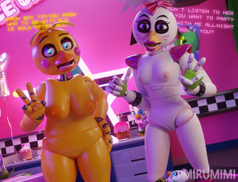 bedroom breasts cupcake dialogue duo female food genitals gesture hand_gesture looking_at_viewer mirror mirror_reflection nipples nude plushie reflection text v_sign vulva mirumimi five_nights_at_freddy's five_nights_at_freddy's:_security_breach five_nights_at_freddy's_2 scottgames steel_wool_studios cupcake_(fnaf) glamrock_chica toy_chica_(fnaf) humanoid 3d_(artwork) digital_media_(artwork) english_text hi_res