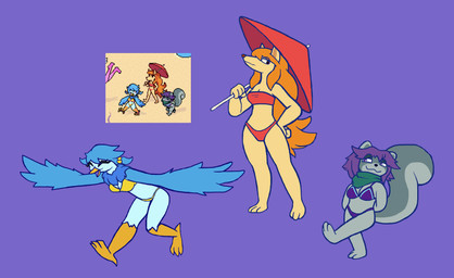 anthro bikini blue_body blue_feathers clothing feathers female fluffy fluffy_tail fur grey_body grey_fur group hair orange_hair purple_hair swimwear tail trio two-piece_swimsuit umbrella yellow_body yellow_fur blightdaymoon dracozhilla undertale_(series) undertale_yellow ceroba_ketsukane martlet_(undertale_yellow) mooch_(undertale_yellow) avian canid canine fox grey_squirrel mammal monster rodent sciurid tree_squirrel hi_res reference_image