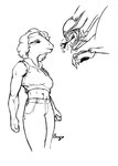 ambiguous_gender anthro bodily_fluids clothed clothing crossgender drooling duo female hair inner_mouth midriff muscular muscular_anthro muscular_female open_mouth saliva short_hair simple_background white_background orange_bongo alien_(franchise) cavemanon_studios goodbye_volcano_high snoot_game milhouse_(gvh) alien dinosaur humanoid prehistoric_species reptile scalie xenomorph crossover digital_drawing_(artwork) digital_media_(artwork) monochrome