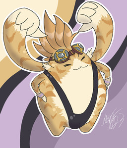 anthro clothing eyes_closed eyewear eyewear_on_head fur goggles goggles_on_head male one-piece_swimsuit smile solo swimwear watistaht xenoblade_(series) xenoblade_chronicles_2 tora_(xenoblade) nopon 2023 hi_res