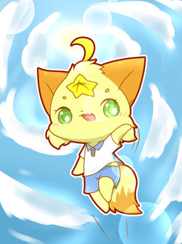 anthro blue_bottomwear blue_clothing blue_shorts blue_sky bottomwear brown_body brown_fur chibi clothed clothing cloud detailed_background female fur green_eyes jumping kemono open_mouth open_smile shirt shorts sky smile solo t-shirt topwear white_clothing white_shirt white_t-shirt white_topwear yellow_body yellow_fur young young_anthro young_female deaic canid canine fox mammal 2015 absurd_res hi_res