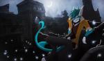 anthro clothed clothing eyes_closed green_hair hair male moon necktie night outside ruins solo tail sw1tchbl4de dreamkeepers evzen_(dreamkeepers) fish marine shark absurd_res hi_res wallpaper