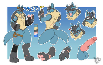 animal_genitalia animal_penis anthro arm_warmers armwear balls bandage big_balls big_penis black_arm_warmers black_armwear black_body black_clothing black_fur black_leg_warmers black_legwear blue_body blue_eyes blue_fur canine_genitalia canine_penis clothing digitigrade dog_tags eye_scar facial_scar fingerless_gloves foot_scar fur genitals gloves handwear knot leg_pouch leg_scar leg_warmers legwear licking licking_lips male multicolored_body multicolored_fur nude_anthro nude_male pawpads penis pink_pawpads scar solo standing tail tan_body tan_fur tongue tongue_out tattoorexy nintendo pokemon blitz_(modblitzwing) generation_4_pokemon lucario pokemon_(species) 2023 hi_res model_sheet