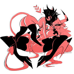 anthro big_breasts bodily_fluids boots breasts clothing duo female female/female footwear genital_fluids genitals heart_symbol high_heeled_boots high_heels horn legwear nipple_tape pasties shoes simple_coloring size_difference spade_tail spread_legs spreading tail tail_fetish tail_play tape thick_thighs thigh_boots thigh_highs vaginal_fluids vulva saucymist hellaverse helluva_boss millie_(helluva_boss) verosika_mayday demon demon_humanoid horned_humanoid humanoid imp succubus 1:1