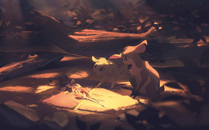 2_horns ambiguous_gender duo feral flower fur hair horn leaf multicolored_body multicolored_fur outside plant quadruped shadow short_hair spots tail tree white_body white_fur itsdanfango ansel_(itsdanfango) olive_(itsdanfango) bovid caprine deer goat mammal 16:10 2019 hi_res widescreen