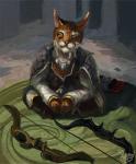 anthro arrow_(weapon) bow_(weapon) male quiver_(object) ranged_weapon sitting smile solo weapon nemo2d microsoft the_elder_scrolls felid feline khajiit lynx mammal 2020 digital_media_(artwork) digital_painting_(artwork) hi_res