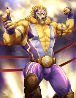 5_fingers abs anthro armwear athletic belt belt_accessory bent_leg biceps black_nose blonde_hair claws clothing covered_eyes fangs fighting_ring fingers flexing flexing_bicep footwear fur gesture gloves hair hairy hand_gesture handwear headgear headwear light lights lucha_libre_mask luchador male mask multicolored_clothing muscular muscular_anthro muscular_male muscular_thighs pecs pointing pose sharp_teeth smile solo sports_mask sportswear standing symbol teeth tight_clothing triceps tuft wrestler wrestling wrestling_mask yellow_body yellow_fur amon-sydonai league_of_legends riot_games tencent el_rayo_volibear volibear bear mammal hi_res lighting watermark