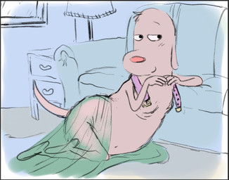 anthro bedding bedroom_eyes belly blanket blush brown_body brown_fur clothing collar floppy_ears fur looking_at_viewer male narrowed_eyes navel seductive slightly_chubby solo translucent translucent_clothing strayishcat robot_dreams dog_(robot_dreams) canid canine canis domestic_dog mammal hi_res