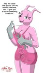 anthro breasts clothed clothing dialogue female shirtless simple_background skimpy solo standing suspenders teasing text tools wrench alpha_rain wow!_wow!_wubbzy! widget lagomorph leporid mammal rabbit absurd_res english_text hi_res