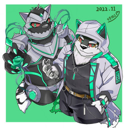 alternate_form anthro armor chibi clothing duo green_eyes hoodie male muscular muscular_anthro muscular_male red_sclera supervillain topwear xiaonongbaopao1 lifewonders live_a_hero monomasa canid canine canis domestic_dog husky mammal nordic_sled_dog spitz 1:1
