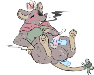 anthro ball_fondling balls big_balls blush bodily_fluids brown_body brown_fur cigarette clothing cum disembodied_hand ejaculation elderly_male eye_scar eyes_closed facial_scar fondling fur genital_fluids genitals ghost_hand handjob lying male notched_ear on_back paper_crown penile scar scarf sex smoking smoking_cigarette solo tail_injury topwear vest welcometaco cult_of_the_lamb massive_monster_(studio) ratau_(cult_of_the_lamb) mammal murid murine rat rodent sketch