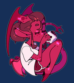 2_horns bottomwear clothing container cup drinking eyes_closed feet female fingers forked_tail freckled_face freckles hair horn markings membrane_(anatomy) membranous_wings mug red_body red_skin shirt shorts solo spots spotted_horn spotted_markings spotted_tail t-shirt tail tail_markings topwear unusual_anatomy unusual_tail wings discount-supervillain demon demon_humanoid horned_humanoid humanoid tailed_humanoid winged_humanoid alpha_channel