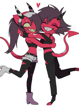 2_horns black_hair blush boots clothed clothing cloven_hooves crop_top duo eye_scar eyelashes eyes_closed facial_scar female footwear hair hair_over_eye heart_symbol high_heeled_boots high_heels hooves horn hug legwear not_furry ponytail red_body red_skin scar sharp_teeth shirt shoes short_hair simple_background spade_tail tail teeth tights tooth_gap topwear torn_clothing torn_legwear torn_tights white_background yellow_sclera enaic31 hellaverse helluva_boss millie_(helluva_boss) sallie_may_(helluva_boss) demon demon_humanoid humanoid imp absurd_res hi_res sibling_(lore) sister_(lore) sisters_(lore) trans_(lore) trans_woman_(lore)