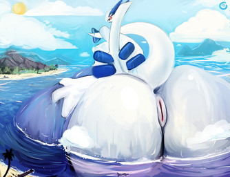 anthro anus beach big_breasts big_butt biped blue_sky blush breasts butt clitoris cloud embarrassed exposed_breasts female female_anthro genitals hand_on_breast huge_breasts huge_butt hyper hyper_butt looking_at_viewer macro macro_anthro macro_female open_mouth overweight overweight_anthro overweight_female sea seaside sky solo sun tail tail_anus thick_thighs vulva water wet white_body wide_hips dirtyscoundrel nintendo pokemon aquatic fish generation_2_pokemon legendary_pokemon lugia pokemon_(species) absurd_res colored digital_media_(artwork) hi_res signature