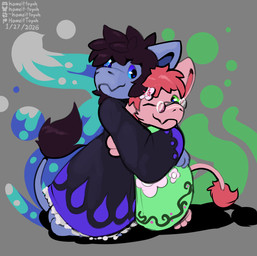 alternate_species anthro black_clothing black_hair blue_body blue_fur clothing cute_fangs duo elemental_manipulation eyewear fangs flower fur gem_eyes glasses green_clothing hair hibiscus hug magic male male/male pink_body pink_fur pink_hair plant robe tail tail_tuft teeth tuft howzit_toyah plusho terenx magical_creature mammal absurd_res hi_res