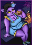 absurd_res anthro big_breasts breasts catty_(undertale) cleavage clothed clothing ear_piercing female food fur hi_res piercing purple_body purple_fur sitting thick_thighs tongue tongue_out underground_greywolf undertale undertale_(series)