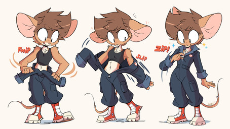 accessory action_pose anthro big_ears big_eyes biped boots bow_ribbon brown_body brown_fur brown_hair clothed clothing clothing_around_waist coveralls crop_top dressing_up emanata female footwear fur furgonomics hair long_tail looking_down midriff motion_lines onomatopoeia pose pupils ribbons round_ears shirt shoes short_hair simple_background small_pupils solo sound_effects sparkles tail tail_accessory tail_bow tail_ribbon text thin_tail tongue tongue_out topwear beezii maggie_(beezii) mammal mouse murid murine rodent digital_drawing_(artwork) digital_media_(artwork) hi_res