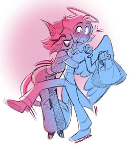5_fingers back_wings blush bow_tie clothing exclamation_point eyes_closed feathered_wings feathers female fingers hair halo hooves horn hug long_tail male male/female one_leg_up raised_leg robe shopping_bag spade_tail tail wings lemontearza hellaverse helluva_boss millie_(helluva_boss) moxxie_(helluva_boss) angel angel_humanoid demon demon_humanoid humanoid imp restricted_palette