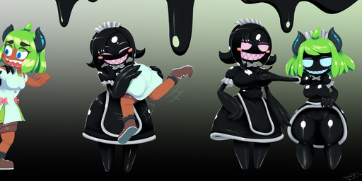 assimilation black_body black_clothing black_dress blue_eyes bow_tie breasts clothing dress duo female footwear genitals glowing glowing_eyes goo_transformation green_hair hair horn maid_headdress maid_uniform nipples not_furry open_mouth shoes shortstack simple_background smile species_transformation standing transformation uniform vulva mentalcrash goo_creature horned_humanoid humanoid 2025 absurd_res digital_media_(artwork) hi_res sequence