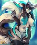 anthro areola breasts clothing female genitals hair legwear long_hair looking_at_viewer multicolored_hair nipples pussy solo thigh_highs missmixi felid hybrid mammal 2017 hi_res