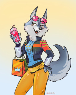 anthro beverage black_nose blush bottomwear breasts claws clothed clothing countershading eyewear eyewear_on_head fangs female finger_claws fingers fur gradient_background grey_body grey_fur holding_beverage holding_object humanoid_hands jacket multicolored_body multicolored_fur open_mouth open_smile pants shirt shopping_bag simple_background slushie smile solo standing sunglasses sunglasses_on_head t-shirt teeth tongue topwear two_tone_body two_tone_fur white_body white_fur yellow_eyes kastoluza illumination_entertainment sing_(movie) porsha_crystal canid canine canis mammal wolf 2022 absurd_res digital_media_(artwork) hi_res shaded signature