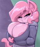 aeris_(vg_cats) anthro big_breasts blue_sclera breasts clothing female hair hi_res joelasko looking_at_viewer pink_body pink_hair pink_tail simple_background smug snaggle_tooth solo sweater tail topwear unzipping vg_cats