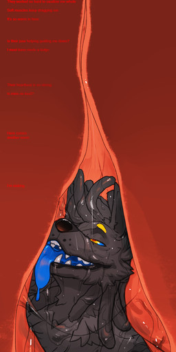 ambiguous_gender anthro black_body black_fur black_lips blue_sclera blue_tongue dreadlocks duo fur inside internal lips male sinking teeth text thick_bottom_lip tongue tongue_out unseen_pred vore yellow_eyes wolfwireless wolfwireless_(character) canid canine canis mammal wolf english_text hi_res