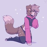 anthro blush brown_body brown_ears brown_fur brown_hair brown_nose brown_tail clothed clothing cropped_hoodie cute_fangs fangs floppy_ears fur hair male midriff pink_inner_ear solo tail teeth toeless_legwear white_body white_fur white_tail yellow_eyes fleurfurr meme_clothing paggi_outfit canid canine canis domestic_dog mammal 1:1 2024 hi_res meme