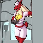 anthro areola areola_slip big_breasts black_areola blue_eyes breasts cleavage clothed clothing female looking_at_viewer non-mammal_breasts nurse nurse_clothing nurse_uniform open_mouth red_body solo topwear_down uniform white_body yellow_sclera fourssss nintendo pokemon blaziken generation_3_pokemon pokemon_(species) 1:1 2022 hi_res