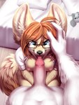 anthro bed bedroom blue_eyes duo eyewear fellatio female first_person_view fur furniture genitals glasses licking male male/female oral penile penis penis_lick sex tongue yellow_body yellow_fur bloominglynx canid canine fennec_fox fox mammal true_fox hi_res