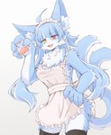 5_fingers anthro apron blue_body blue_fur clothing female fingers fur inner_ear_fluff legwear maid_apron multicolored_eyes open_mouth simple_background solo thigh_highs tuft white_background white_body white_fur ska_siyu japan_air_self-defense_force omaneko_(jasdf) 2023 hi_res