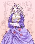 anthro blue_eyes blush clothed clothing dress ear_piercing eyelashes facial_piercing female glistening glistening_eyes hair horn long_hair looking_at_viewer nose_piercing nostril_piercing piercing pink_nose purple_clothing purple_dress purple_horn solo white_body white_ears white_hair tiggybloom mythology miorjah_(pandsky) equid equine mammal mythological_creature mythological_equine unicorn 2019 hi_res portrait three-quarter_portrait