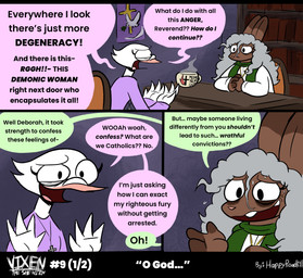 anthro beverage bodily_fluids brown_body brown_fur church clothed clothed_anthro clothed_female clothing coffee color_coded color_coded_speech_bubble crazy_eyes dialogue duo eye_twitch eyelashes female fully_clothed fully_clothed_anthro fully_clothed_female fur holy_cross insane nervous nervous_smile nervous_sweat nervous_sweating religion religious_clothing reverend speech_bubble sweat sweaty_face text white_body white_fur happyroadkill christianity deborah_dove avian bird columbid dove lagomorph leporid mammal rabbit 2026 comic english_text hi_res multiple_scenes