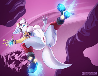 anthro anus big_butt blue_body blue_fur boots breasts butt clothed clothing cybernetic_arm cybernetic_limb ear_piercing eyewear eyewear_on_head falling female flying footwear fur genitals goggles goggles_on_head hover_boots jewelry low-angle_view nipples nude open_mouth outside panicking piercing pink_nipples prosthetic rocket rocket_boots shoes solo space stripes technology tongue topless vulva wide_eyed worm's-eye_view raunchyhaunches ratchet_and_clank sony_corporation sony_interactive_entertainment rivet_(ratchet_and_clank) lombax mammal digital_media_(artwork) shaded signature