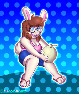 4_fingers anthro big_breasts blue_eyes bottomwear breasts brown_hair cleavage clothed clothing eyebrow_through_hair eyebrows eyelashes eyelashes_through_hair eyeshadow eyewear female fingers food footwear fruit fur glasses hair happy makeup melon plant round_glasses sandals shirt shoes shorts solo tank_top thick_thighs topwear translucent translucent_hair white_body white_fur bunnydewart nichole_(bunnydewart) lagomorph leporid mammal rabbit hi_res