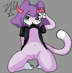 5_fingers anthro bangs biting_clothing black_clothing black_dress bow_tie breasts clothed clothing clothing_lift dress dress_lift female fingers front_view genitals gesture grey_background hair hand_gesture kneeling looking_at_viewer markings navel nipples partially_clothed pawpads paws pink_pawpads purple_body purple_hair sidelocks simple_background small_breasts solo tail v_sign vulva white_markings vkontakte masyunya_(vkontakte) felid mammal hi_res