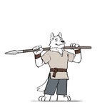 aged_down anthro belt bottomwear clothed clothing facial_hair fur holding_object holding_weapon male pants simple_background solo topwear weapon white_body white_fur 3000vnd demons_within garret_(demons_within) canid canine canis mammal wolf 1:1 hi_res