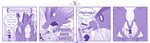 4koma ambiguous_gender anthro braver_(vavacung) clothing comic dialogue disaster_dragon dragon duo english_text featureless_crotch feral gameplay_mechanics hi_res kissing kobold mask monochrome mythological_creature mythological_scalie mythology open_mouth purple_theme scalie tail text vavacung yelling